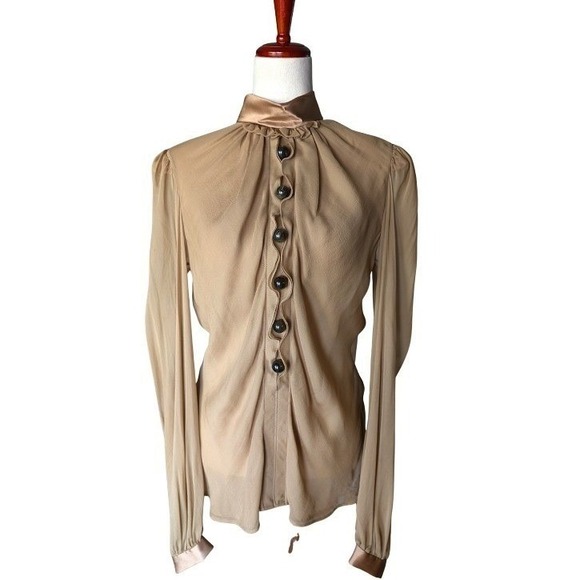 Dolce & Gabbana Tops - Dolce & Gabbana Tan Silk Chiffon High Neck Ruffle Blouse IT 46 Made in Italy